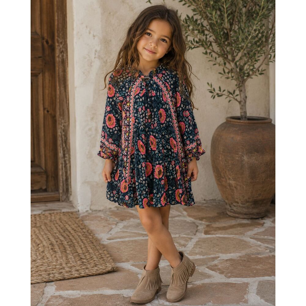 Natalie Martin Green Pink Floral Long Sleeve Dress  Girls Size 4